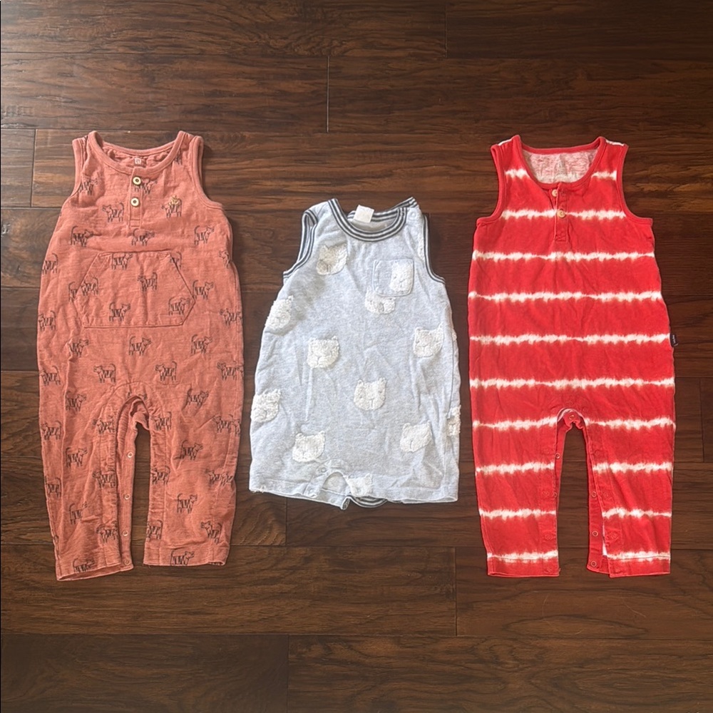 GAP Set of Three Baby Rompers in Red, Gray, and Orange